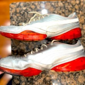 Adidas silver leather shoes with white stripe